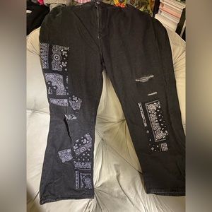 Plus Size Mom Jean Wide Leg Bandana Patchwork